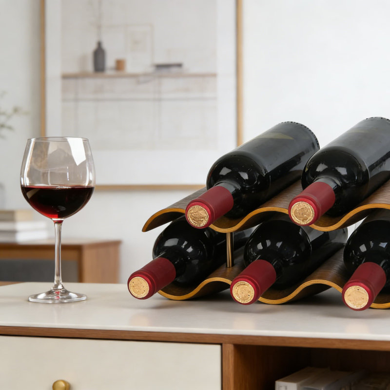 Support à vin sur comptoir à 2 niveaux en bois, porte-bouteilles autoportant à 7 bouteilles avec design ondulé pour un rangement sécuritaire dans la cuisine, le garde-manger ou le bar