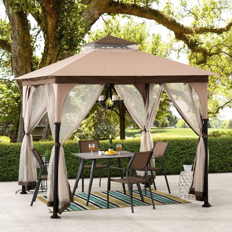 Sunjoy Outdoor Patio 9.5x9.5 Tan 2-Tier Steel Backyard Soft Top Gazebo with Ceiling Hook and Netting, Brown