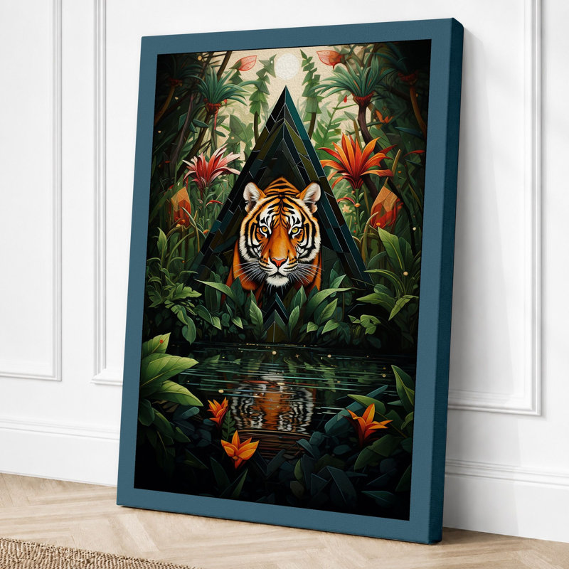 Tiger In Bloom Tropical - Print, 30x20 - 76.2 x 50.8 cm, Teal Border