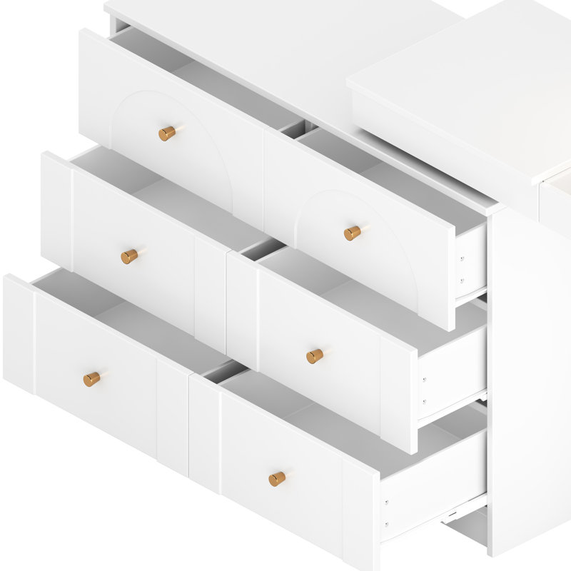 Bureau de meuble-lavabo avec miroir et lumières, plateau de table de maquillage blanc, 7 tiroirs, 9 compartiments, 3 tablettes, modes de couleurs réglables, aménagement convertible pour la chambre à coucher avec éclairage flexible à DEL