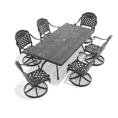 Ensemble de patio d'extérieur 7 pièces en fonte d'aluminium - Chaises de salle à manger pivotantes avec coussins et table rectangulaire