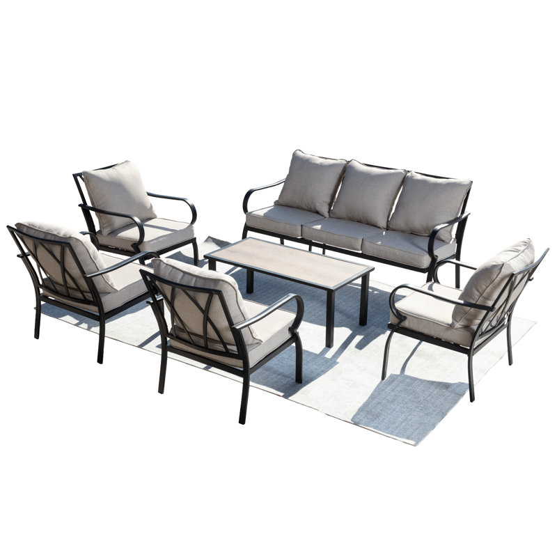 Ensemble de conversation pour patio 7 personnes avec coussins - canapé 3 places, 4 chaises fixes et table basse, ensemble de conversation en métal toutes saisons pour cour, jardin et balcon