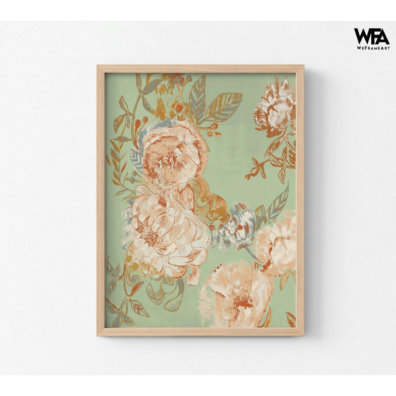 «Garden Senses I» par Maya Woods, affiche d'art mural irrégulier incurvé couleur saumon, impression de chrysanthème et de pivoine