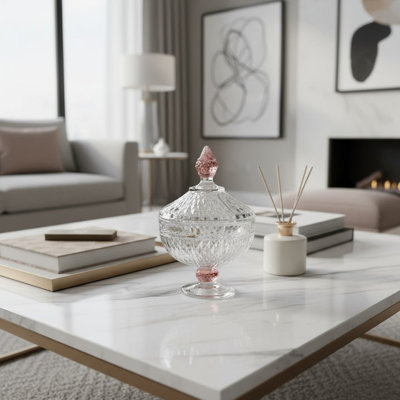 Pot en verre à pied avec coupe en diamant - Rose sur la patte et le bouton