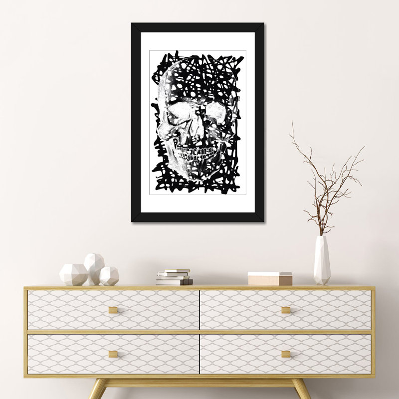 Albree Modern Black Splatter Skull, impression sur toile, H 32 po x l 24 po x P 1 po, Papier d'art encadré noir, Blanc
