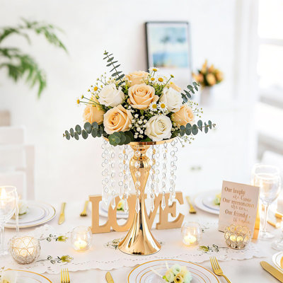 Set of 4 Gold 10.2in Crystal Wedding Centerpiece Stands for Table Metal Floral Vase for Reception and Party Decor