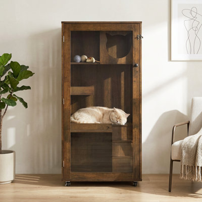 Cage à chat d'intérieur à roulettes 60 cm L x 60,5 cm l x 125 cm H Bois d'hévéa et verre trempé 1 pièce Chêne brun Étagères à plusieurs niveaux Conception ventilée
