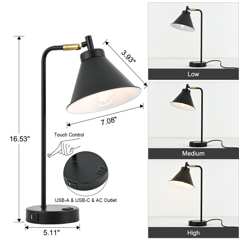 Lampe de bureau tactile en métal à intensité variable USB et Type-C, Noir