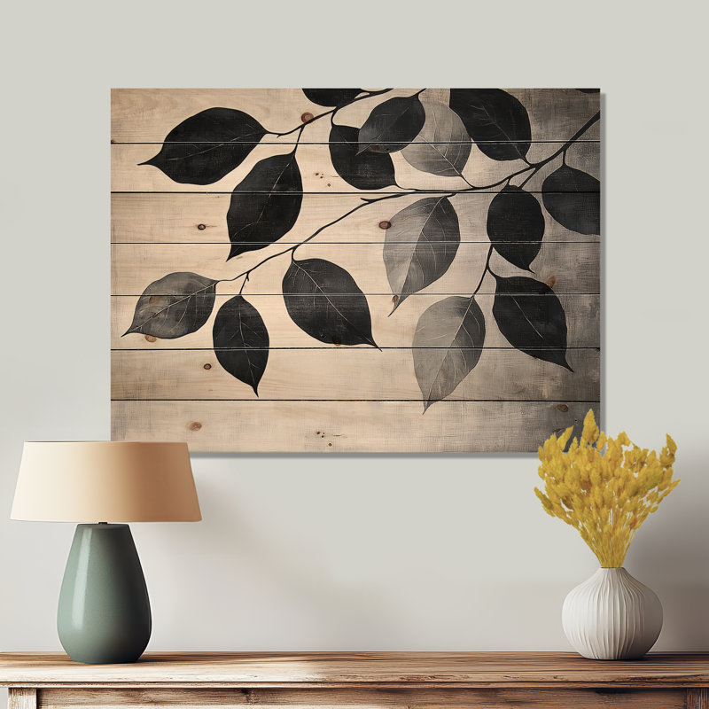 Feuille noire ombre silhouette IV - feuilles, décoration murale en bois - sur bois de pin naturel, H 10 po x l 20 po