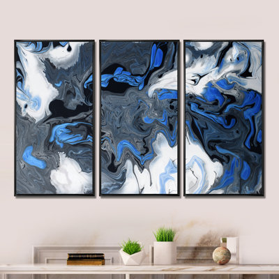 «Blue Liquide Art Waves On» blanc et noir - impression sur toile flottante 3 pièces