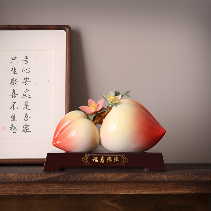 Artistic Longevity Peach Ornament – Delicate Ceramic Sculpture With 3D Bloom Carving