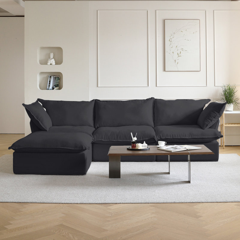 Housse pour canapé modulaire en L en velours de 123 pouces Sky Classic, Tissu noir