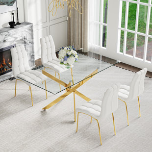 Ensemble de salle à manger moderne 5 pièces - Table en verre trempé avec base en acier inoxydable et 4 chaises à dossier haut en similicuir