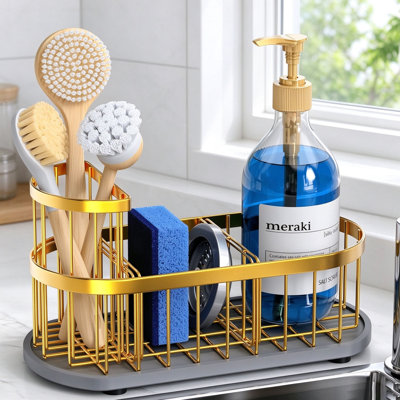Support pour évier de cuisine en métal doré, porte-brosse en éponge avec tapis de séchage pour pierre, organisateur d'évier de comptoir