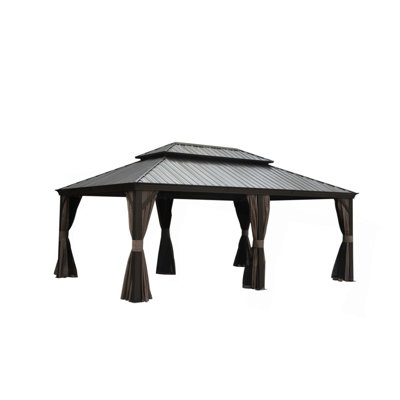 Hardtop Gazebo, Wooden Coated Aluminum Frame Canopy with Galvanized Steel Double Roof, Outdoor Permanent Metal Pavilion with Curtains and Netting for Patio, Deck and Lawn