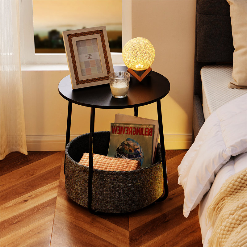Petite table basse ronde, table de chevet avec panier en tissu, pour le salon de la chambre à coucher, Noir, noir, noir, noir