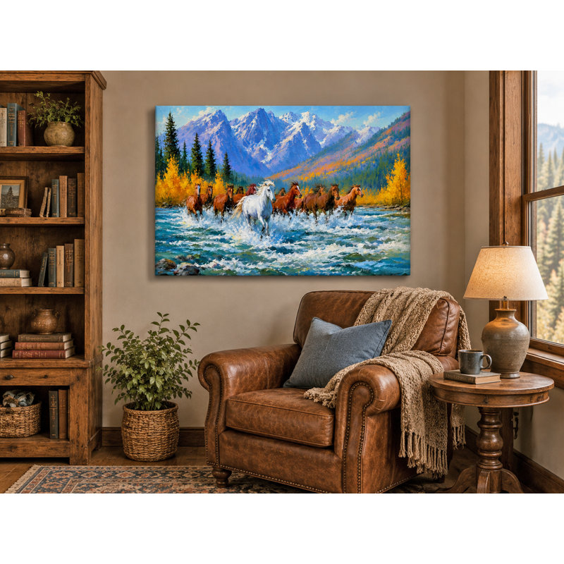 Art mural sur toile Mountain River Horses, H 30 po x l 40 po x P 1,5 po, 30" H x 40" W x 1.5" D