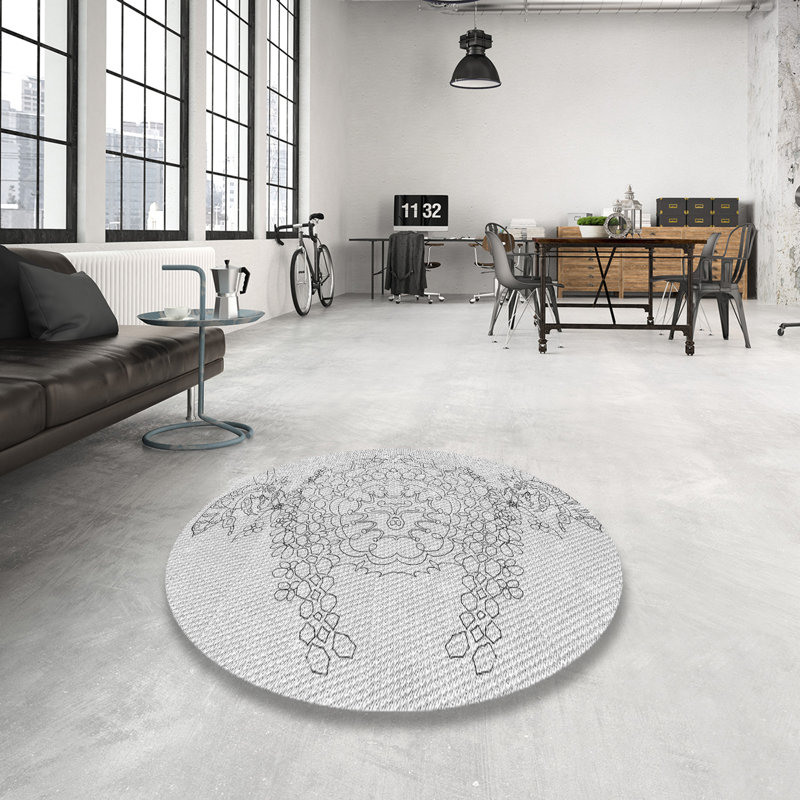 Tapis blanc/noir tissé à la machine, Rond 4 pi