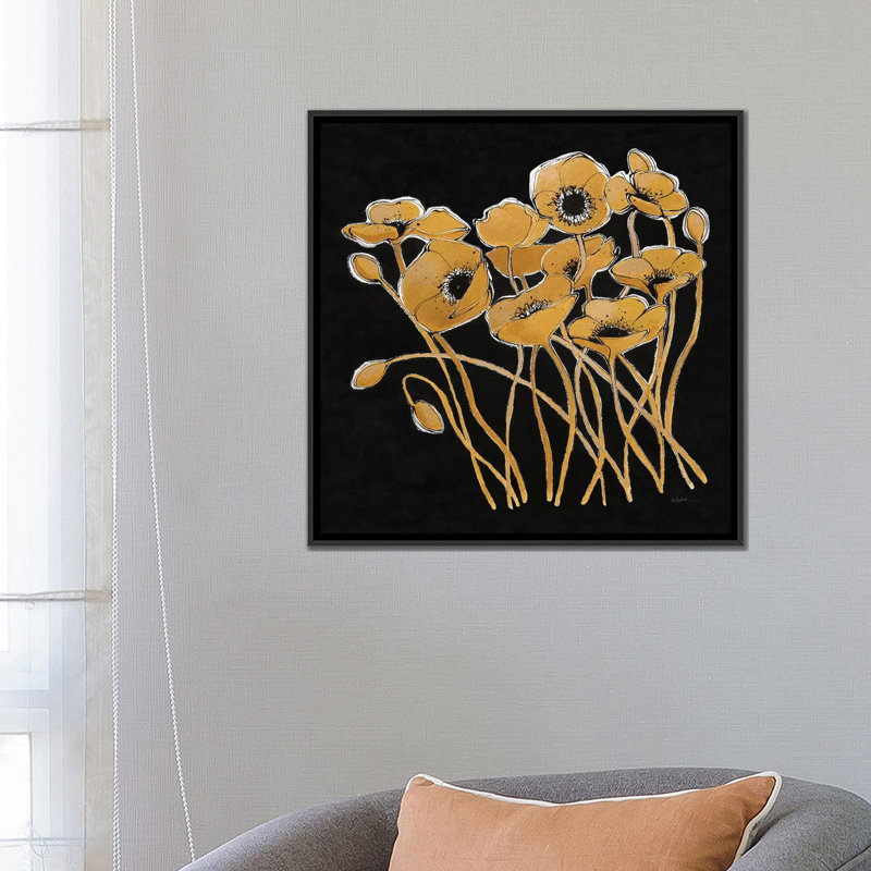 «Gold Black Line Poppies I», reproduction sur toile, H 18 po x l 18 po x P 1,5 po, Toile avec cadre noir, Pas de tapis
