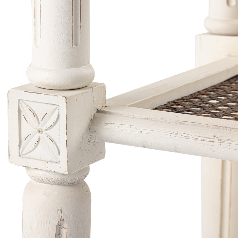 Psomas Rustic Farmhouse Square End Table, Distressed Side Table with Espresso Tray Top & Woven Shelf, White