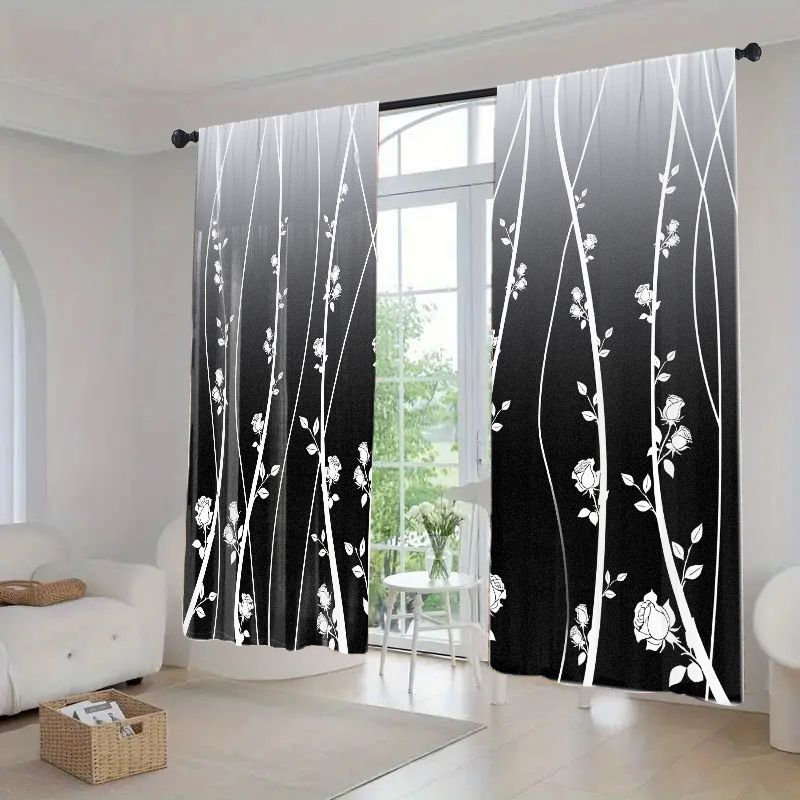 2Pcs Ombre Curtains, Rose Floral Pattern Rod Pocket Window Drapes, Light Filtering Gradient Treatments for Living Room Bedroom Kitchen, Privacy Enhancing Panels, Elegant Home Decor