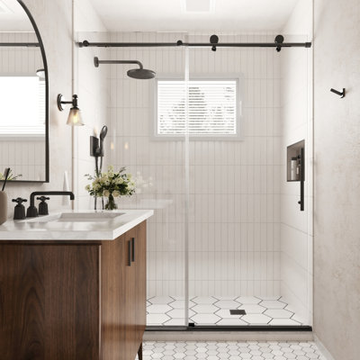 Porte de douche en verre sans cadre avec fermeture en douceur, verre trempé transparent, largeur réglable, système à double rouleau et quincaillerie en acier inoxydable