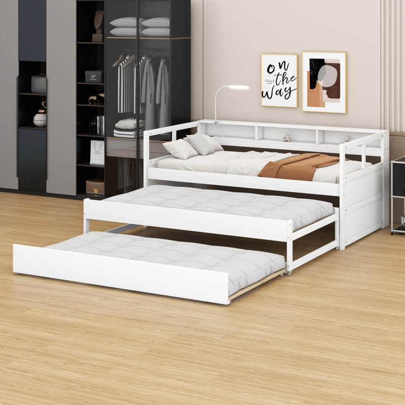Multiple Twin XL Daybed  With 2 Trundles And 3 Storage Cubbies, Solid Wood Daybed Frame With A Light For Free And USB Charging Design, Space Saving Design