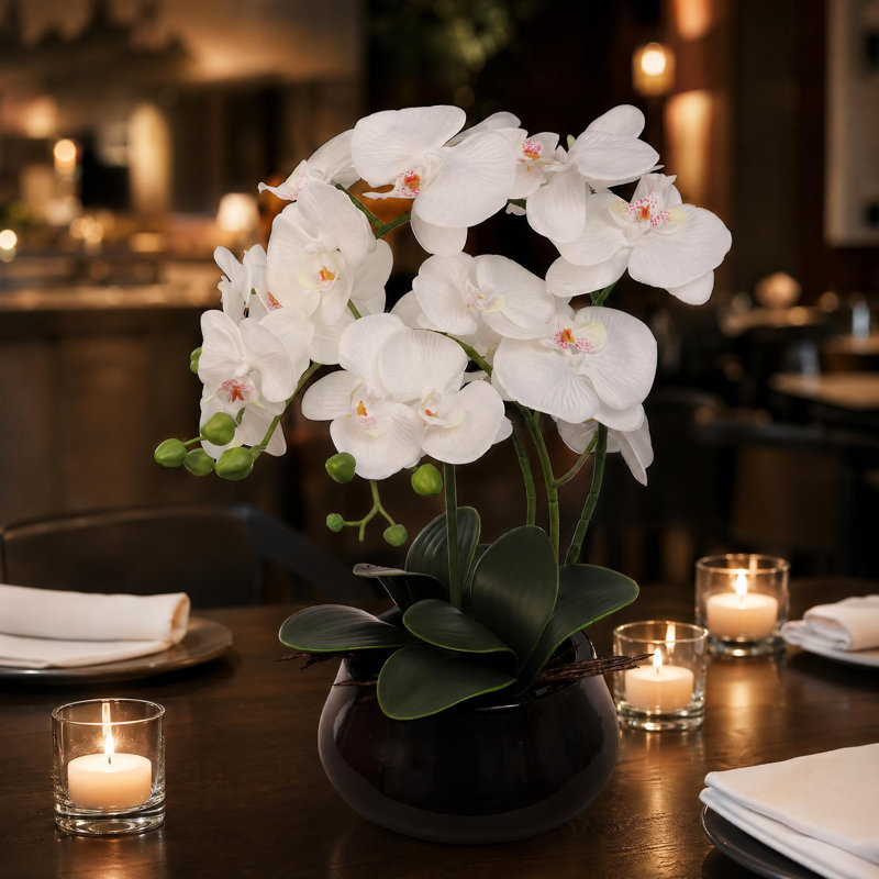 Paquet de 3 orchidées phalaenopsis blanches | Élégantes fausses orchidées dans des pots noirs de 7 po - Décoration réaliste pour la maison et le bureau
