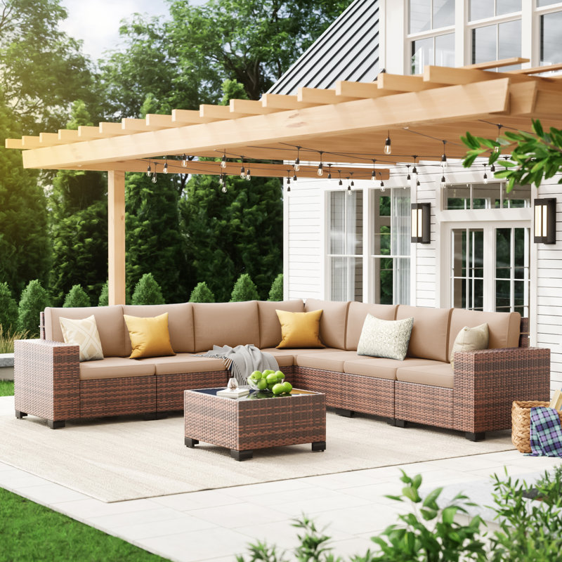 7 - Person Wicker Outdoor Modular Sectional Seating Group with Cushions, Khaki, Brown