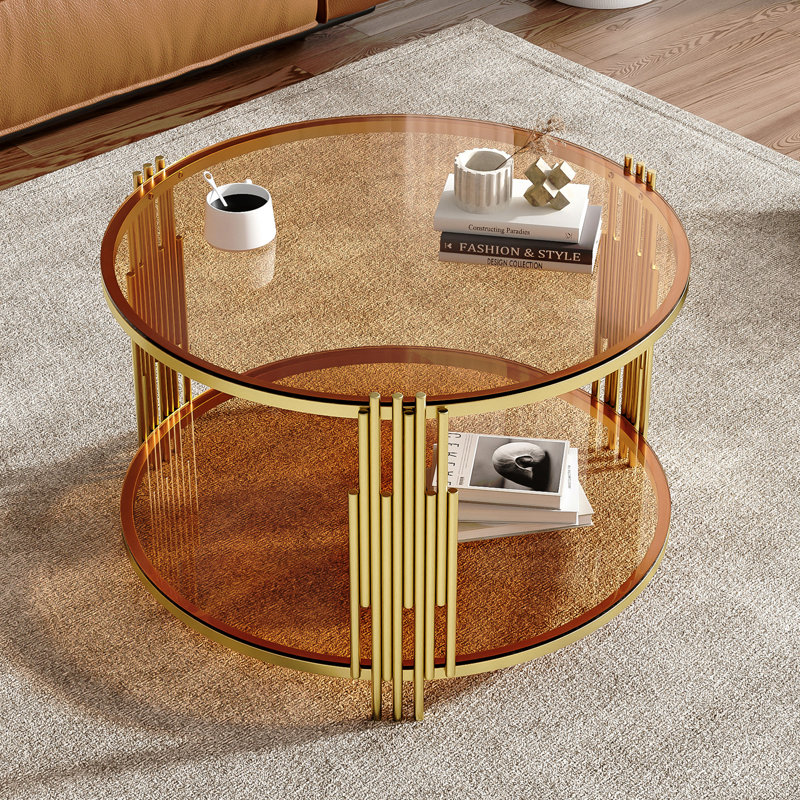 Table basse moderne en verre avec base cylindrique circulaire en métal et tablette inférieure, 19.7" H x 31.5" W x 31.5" D
