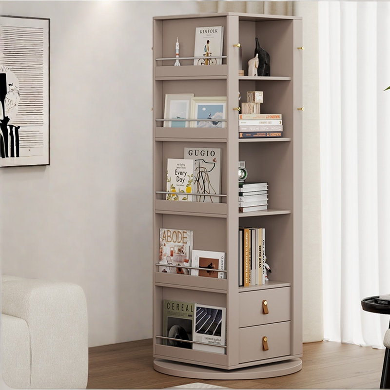 Rotating bookcase with mirror, Gray, (4 Shelves) 64.96" H x 27.56" W x 27.56" D
