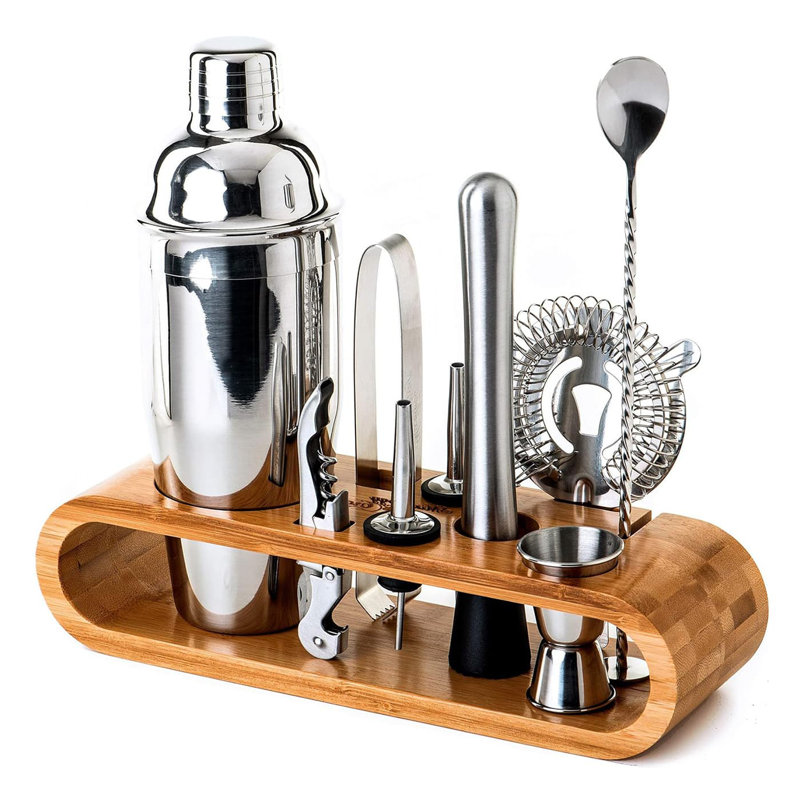 Stainless Steel Bartending Set with Bamboo Rack and Tools
