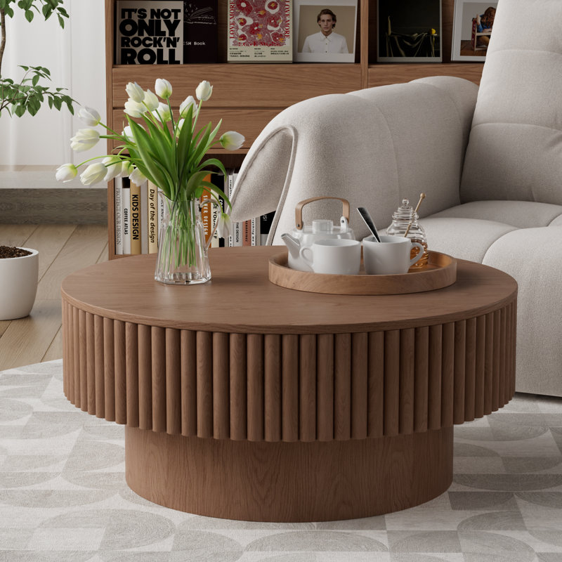 Table basse ronde avec rangement, H 14 po x l 31,5 po x P 31,5 po, Noyer