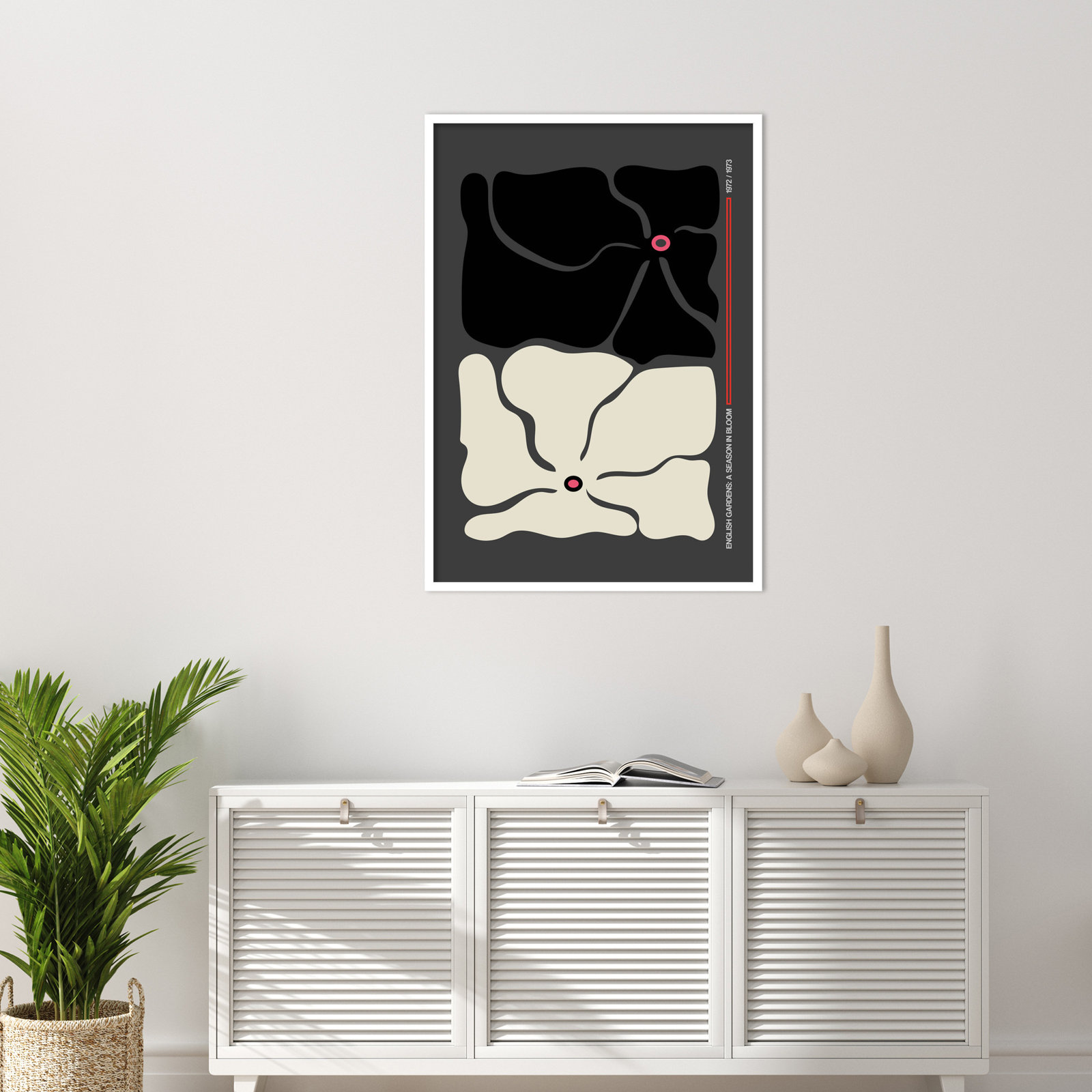 Two by Two Flower Grey Print, 41" H x 29" W x 1" D, White