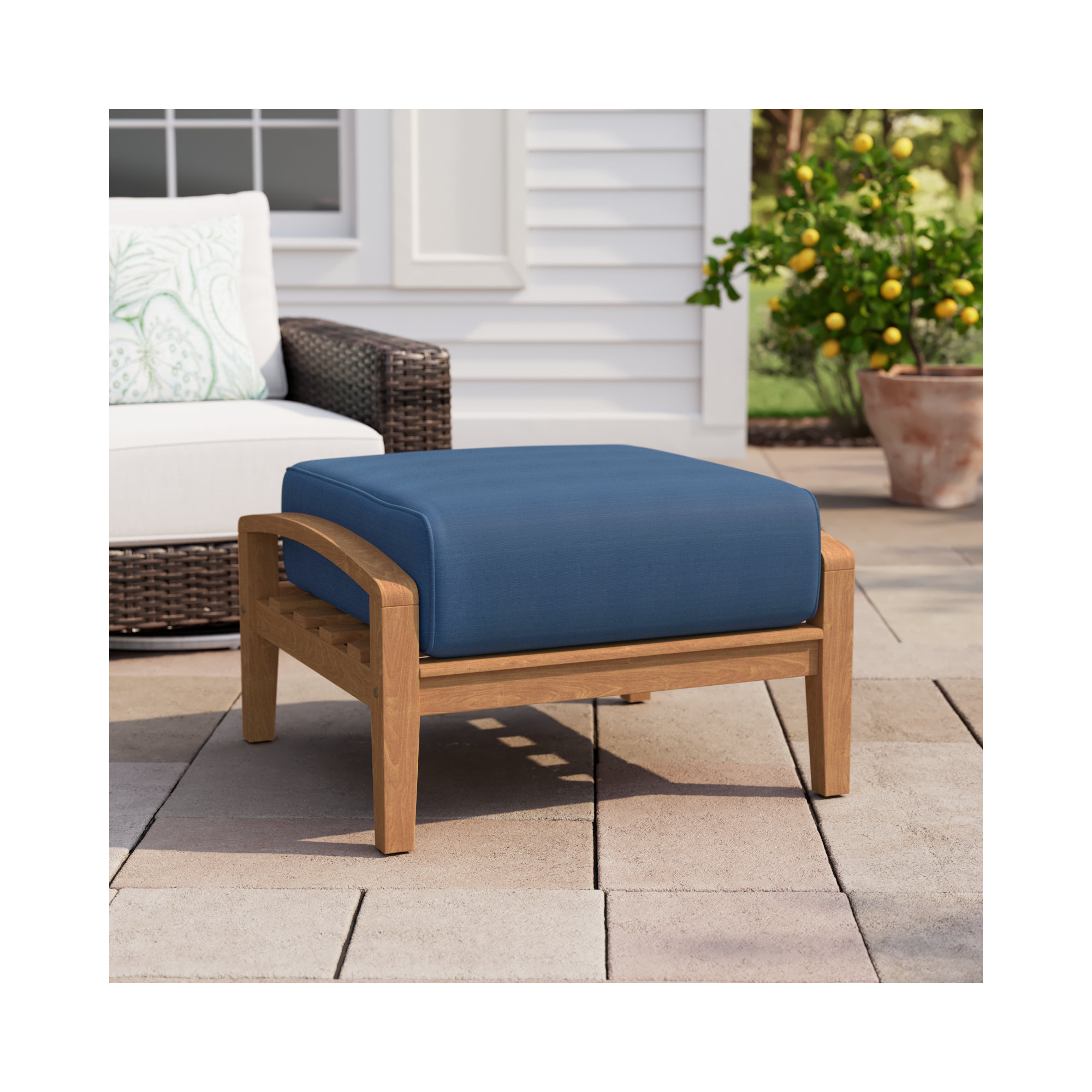 Summerton Upholstered Outdoor Ottoman with Cushion, Navy Performance Olefin, Natural