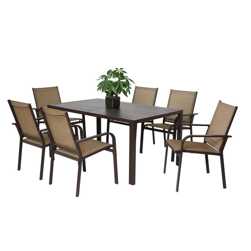 7 Pieces Patio Dining Set,  Outdoor Furniture Table and 6 PVC-coated polyester Chairs, Outdoor Furniture with Rectangular Table and 6 Stackable Chairs Family Conversation Set for Garden Backyard Deck-Brown