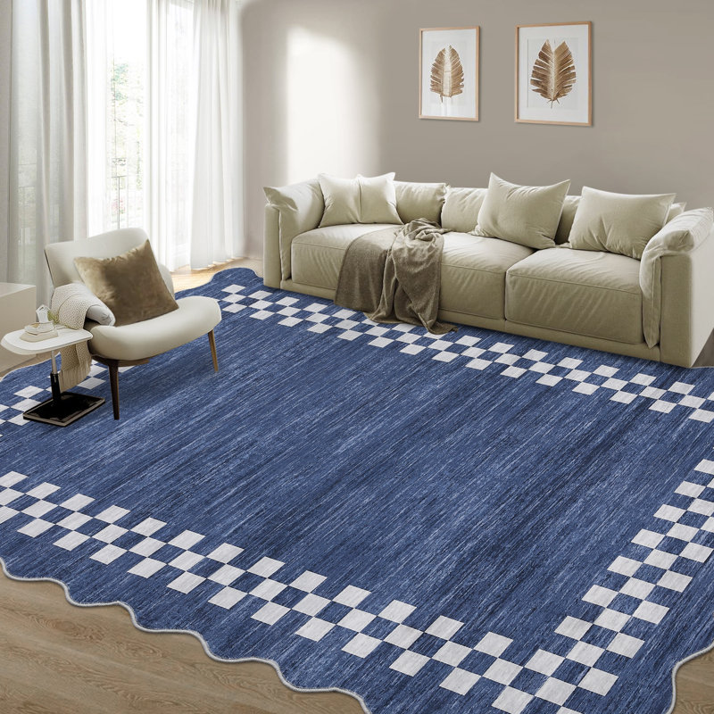 Scalloped Area Rug Modern Bordered Accent Carpet, Non-Slip Geometric Floor Cover, Stain-Resistant Low Pile Indoor Mat, Easy to Clean Rugs