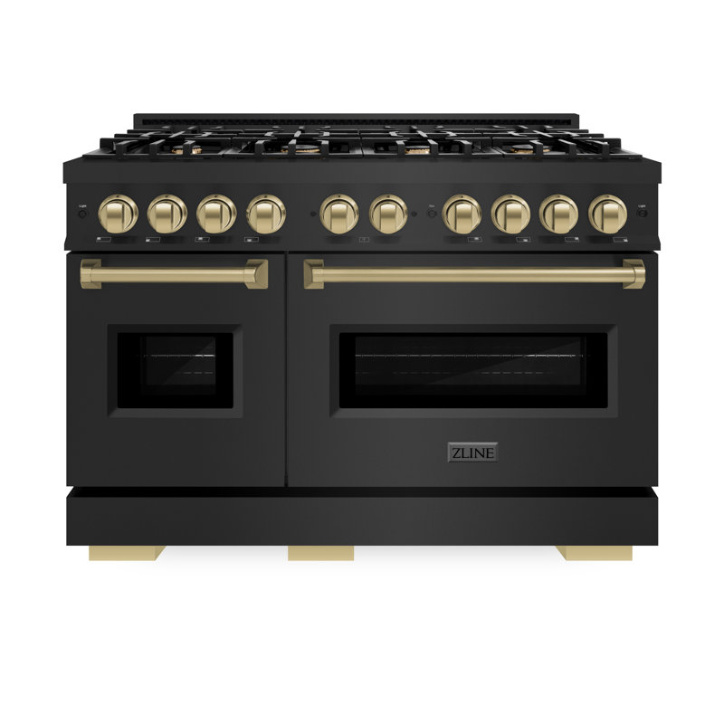 ZLINE Autograph Edition 48 in. 6.7 cu. ft. Classic Double Oven Dual Fuel Range with 8 Burner Gas Cooktop in Black Stainless Steel and Accents