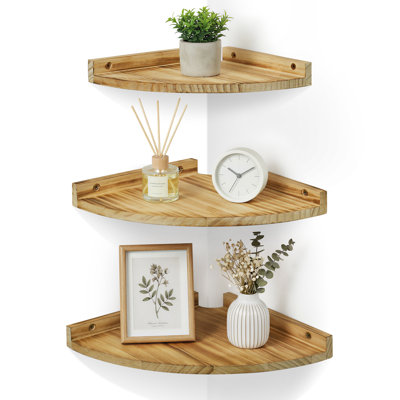 Rustic Corner Floating Shelves Set of 3, Torched Pine Wood Wall-Mounted Bookshelf with Rounded Edges, Raised Back, Cable Hole,  Display Shelf for Bathroom, Kitchen, Bedroom, Living Room
