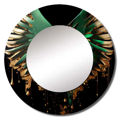 Odvar Green And Gold Angel Wings II - Wings Angel Unique Wall Mirror Decor, Modern Large Round Mirror, Printed Metal Art