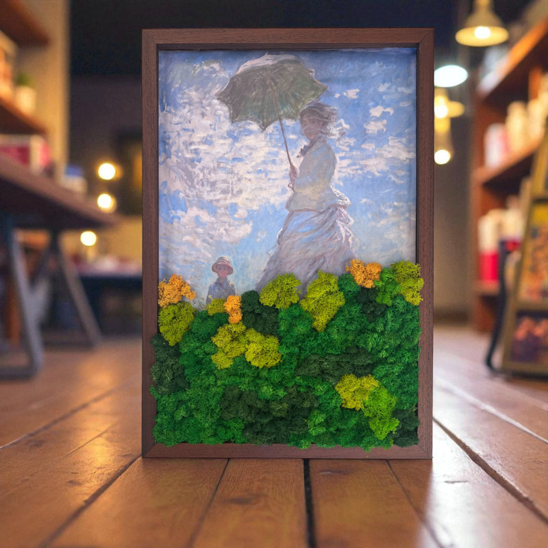 Monet’s Woman with a Parasol Framed Canvas Art - Impressionist Giclée Print with Maintenance-Free 3D Preserved Moss Border
