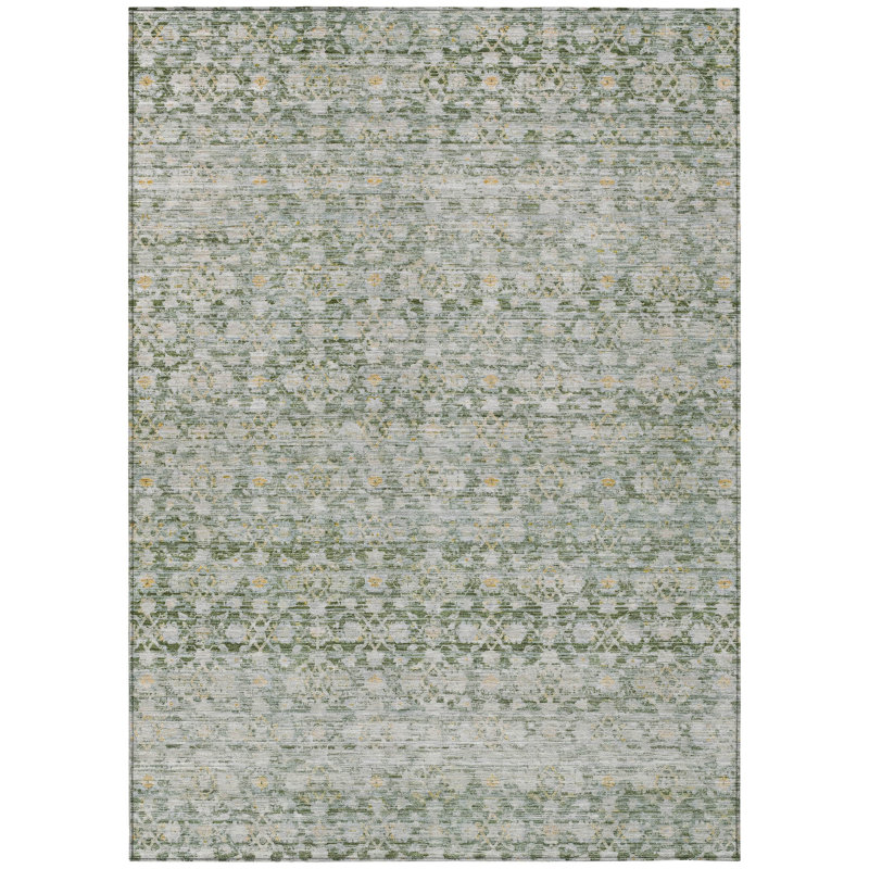 Machine Washable Indoor/Outdoor Xhevrie Green Rug, Rectangle 2'6" x 3'10"
