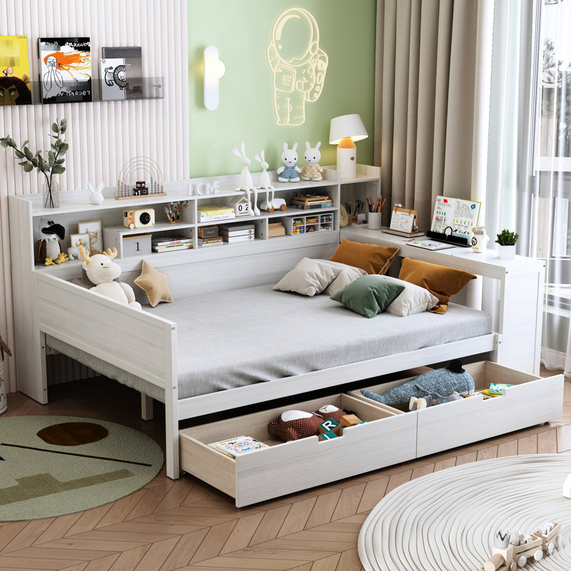 Lit de jour en bois avec options de rangement organisé et bureau productif, blanc antique pleine grandeur, Blanc antique