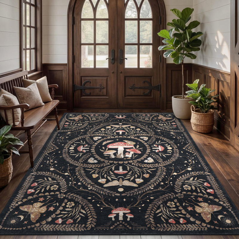 Tapis à poils courts à motif champignon gothique pour salon, chambre et cuisine, Noir brun, 5 x 7 pi