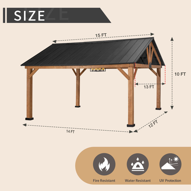 15 Ft. W x 13 Ft. D Solid Wood Hardtop Patio Gazebo, Black