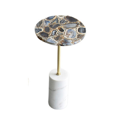 Lima Side End Table, 12 Inch Round Black Agate, Marble Cylinder Base