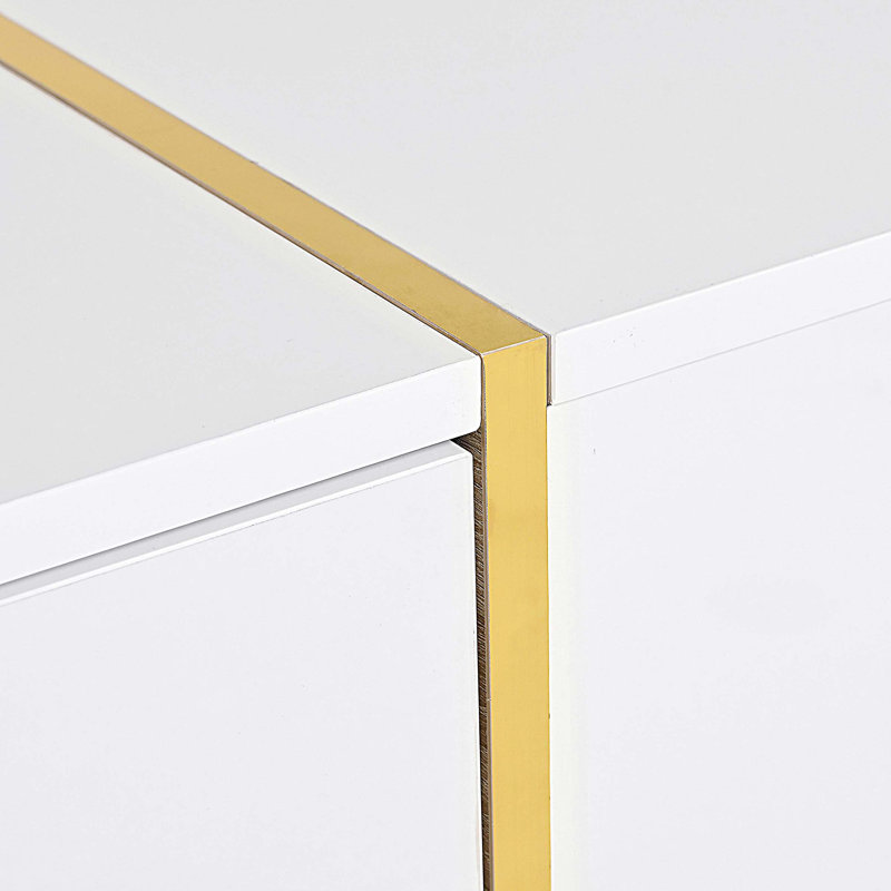 Table basse moderne avec 2 tiroirs, table de centre rectangulaire multi-rangement avec pieds en bois, Blanc / Doré