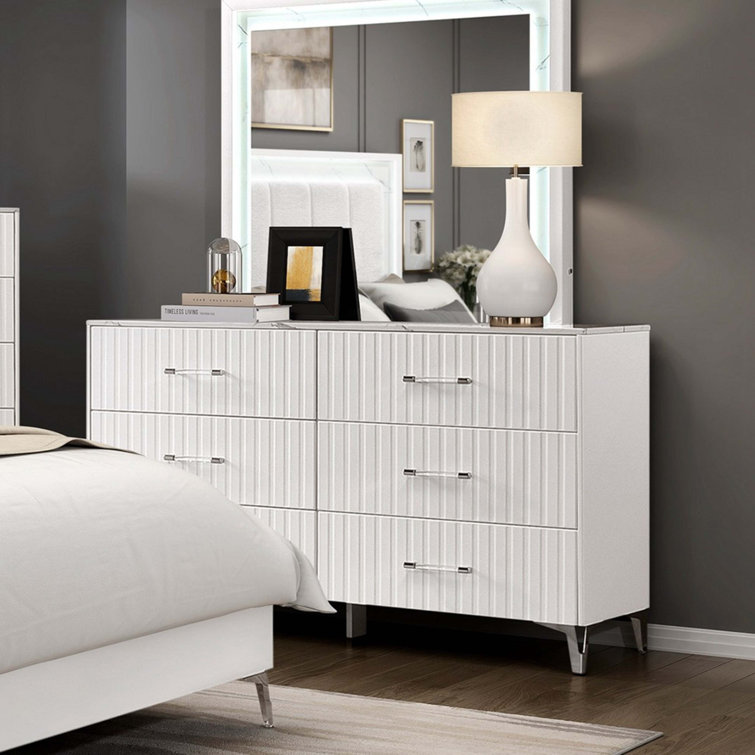 Glam White Dresser Of 6X Storage Drawers Faux Marble Laminated Top Chrome Metal Legs Bedroom Furniture