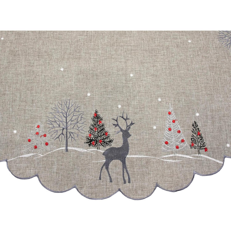 Jovonny Embroidered Reindeer Grey Table Topper, 33" Round
