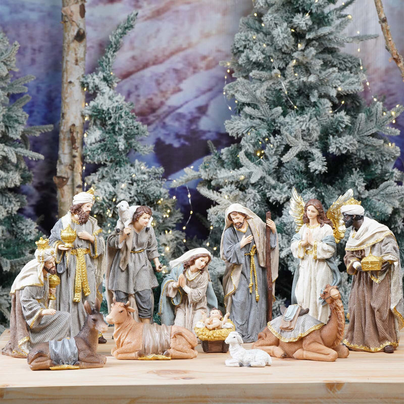 Crèche de Noël décorative de Noël 12 pouces 12 pièces Figurines Jésus, Gris